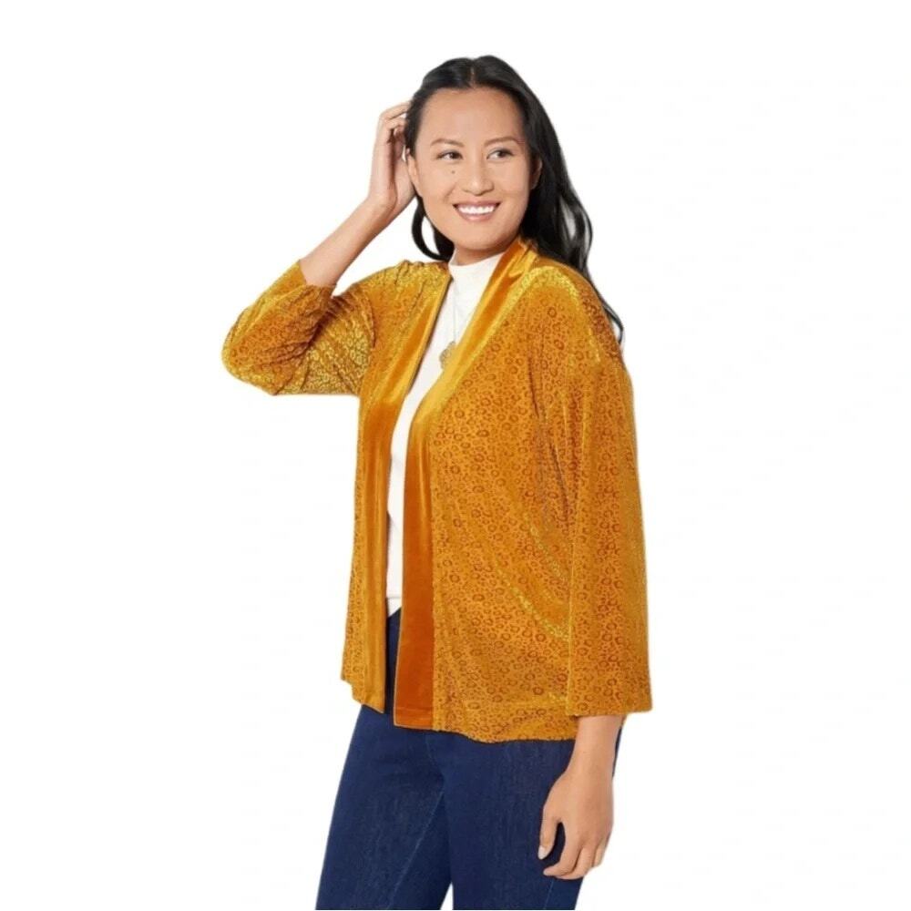 ISAAC MIZRAHI Gold Velvet Burnout Cardigan Mixed Media MOB WIFE Size L Leopard